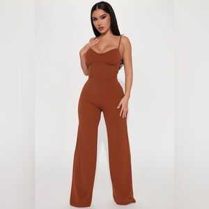 Fashion Nova Taking Notes Jumpsuit in Mocha - Size Medium